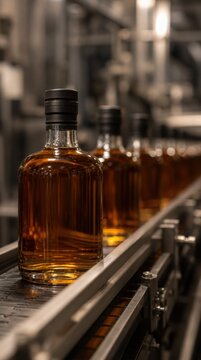 Bottles filled with amber liquid move along a conveyor belt in a distillery or bottling plant.