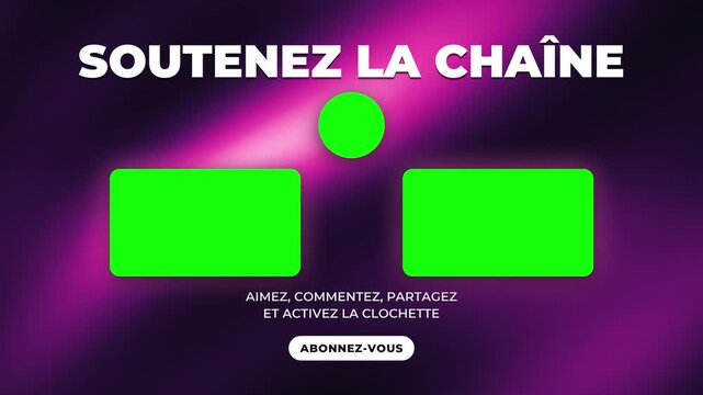 Animated French end screen template with neon purple glow and green box placeholders for recommended content. Subscribe button and bell icon prompt viewers to engage and follow the channel.