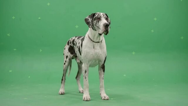A majestic merle Great Dane dog stands alert on a green screen background perfect for easy compositing and pet-related design projects