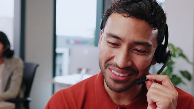 Consulting, man and laugh with mic in call center for debt review, customer service and loan joke. Coworking, financial advisor or contact funny client for insurance claim, explain policy or benefits