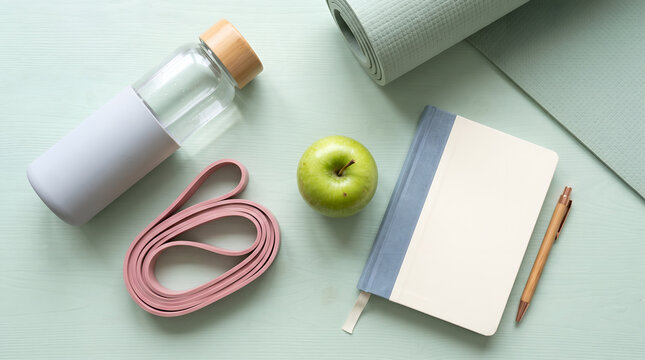 Flat lay of healthy lifestyle accessories with yoga mat water bottle