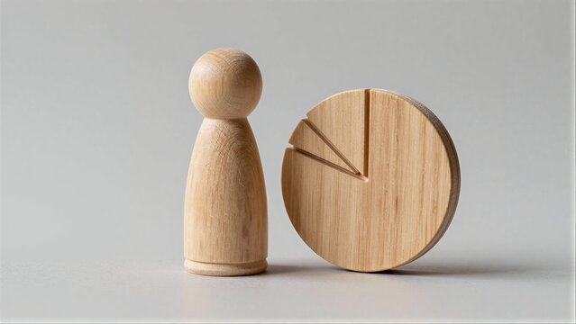 Wooden figure stands beside pie chart, symbolizing data or personal representation.