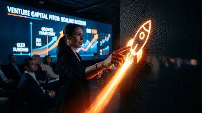 Professional presenting glowing rocket model during venture capital pitch in modern conference room