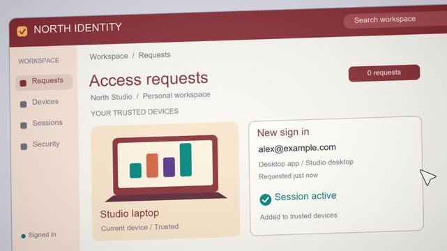 Screen recording of access request approval as admin grants new sign-in and adds laptop to trusted devices. Security interface with approve and deny options for identity management themes.