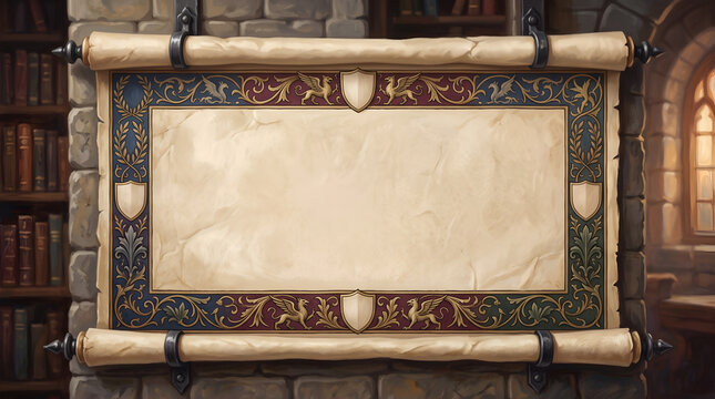 Medieval parchment scroll with ornate decorative border hanging on a