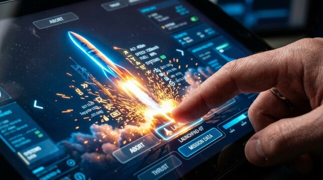 Hand interacting with futuristic launch control interface with illuminated launch button technology