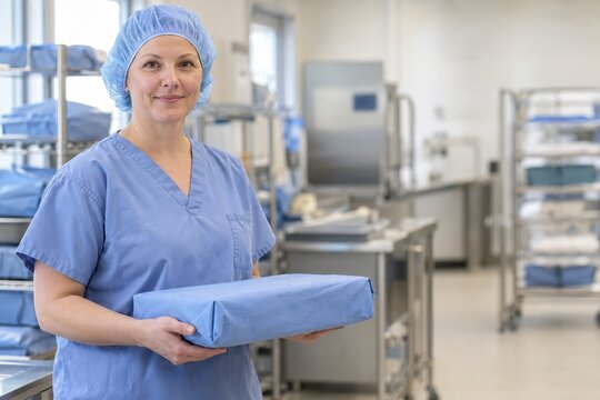 Portrait of a sterile processing technician holding a wrapped instrument tray in a bright hospital reprocessing unit with copy space
