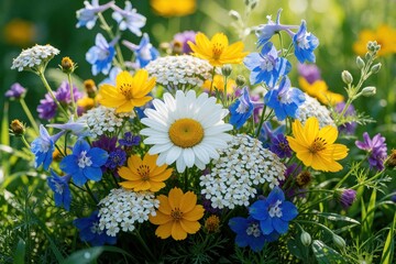 Fototapeta premium Colorful wildflowers bouquet with white daisy, yellow cosmos, blue delphinium in summer meadow. Bright blossom bunch features diverse flora in natural garden. Fresh spring floral arrangement brings