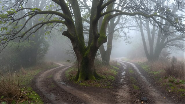 Misty forest path splits at ancient tree, mossy ground whispers secrets.