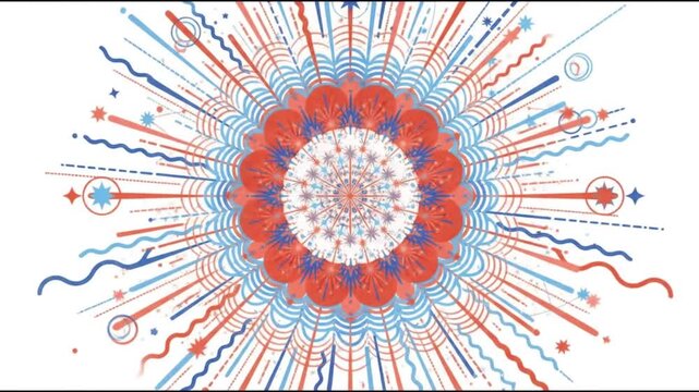 Abstract firework burst mandala in red, blue and white with radiating lines, wavy streamers and stars, vector motion graphics animation