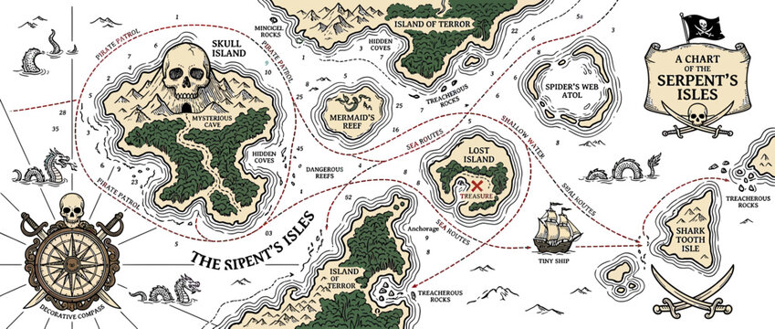Pirate Treasure Map Illustration of Islands and Sea Monsters