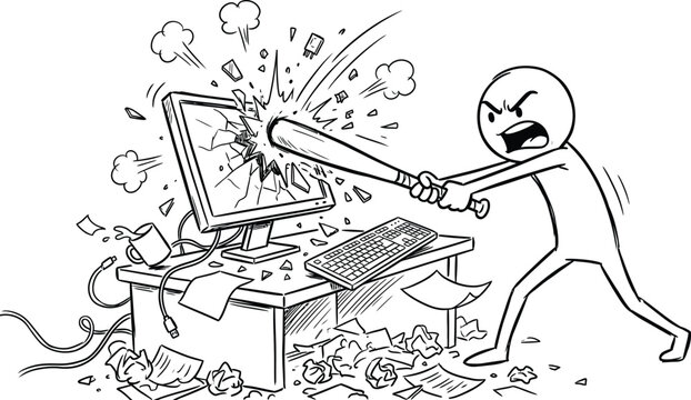 Angry cartoon character smashing computer monitor with baseball bat vector line art coloring page illustration