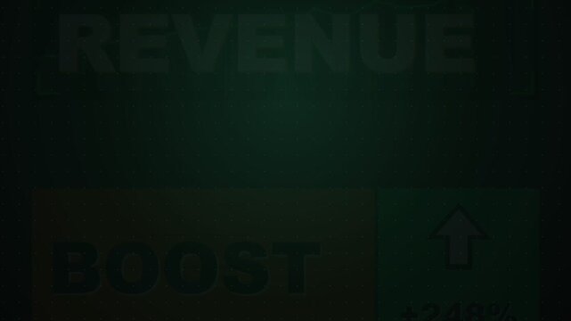 Animated revenue boost text with financial growth bar graph on dark screen to illustrate corporate sales improvement and profit expansion.