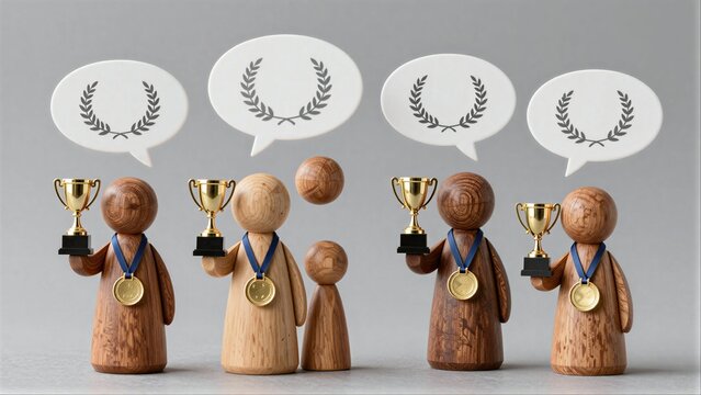 Wooden figures hold trophies and medals, symbolizing achievement and recognition.