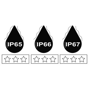 IP rating icon set showing water droplets with IP65 IP66 and IP67 waterproof certification labels and star rating boxes. Black and white vector pictogram for industrial equipment specifications