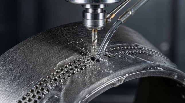 Precision metal drilling on curved surface using industrial machine tool with speed tool controlled