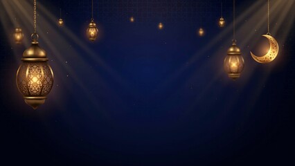 Atmospheric Ramadan Background With Hanging Golden Lanterns And Starry Moon © GraphixTreasure