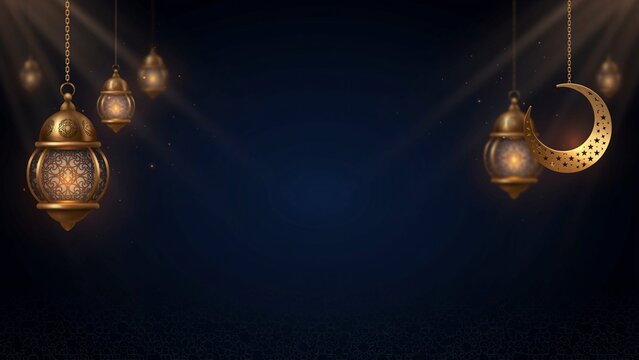 Festive Ramadan Background With Hanging Golden Lanterns And Crescent Moon
