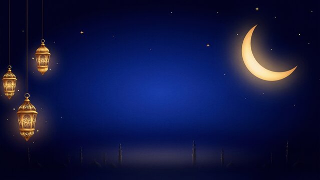 Serene Ramadan Night Background With Hanging Golden Lanterns And Crescent Moon