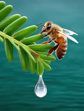 Macro shot of a honey bee resting on a green leaf with a glistening water drop