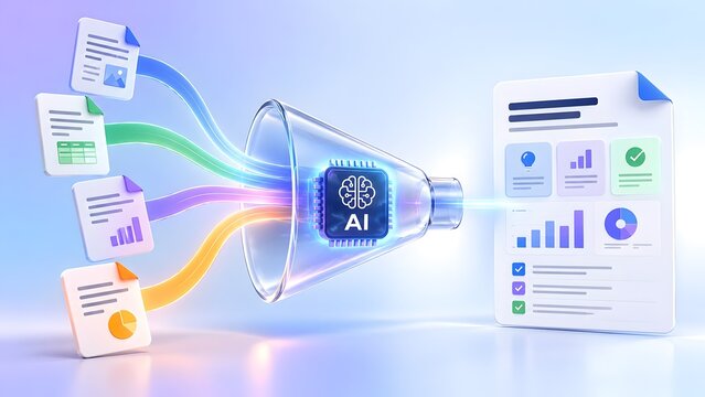 High tech microchip inside a glass funnel conceptualizing the rapid processing of raw data into structured visual reports