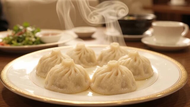 Steaming khinkali dumplings served on white plate with gold trim in restaurant, delicious georgian food, close up slow motion.
