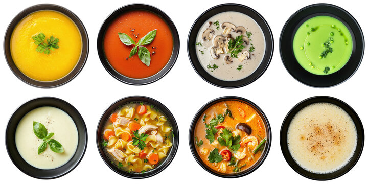 Set of haute cuisine restaurant soups, isolated on a transparent background PNG