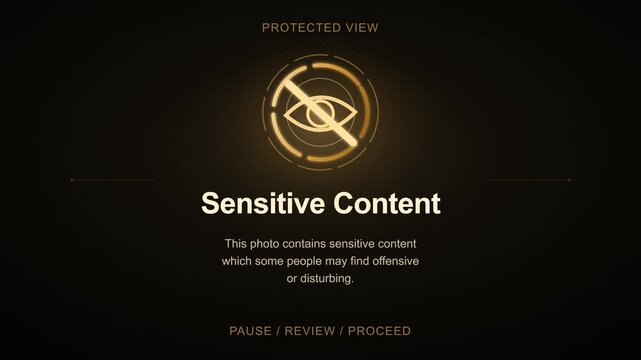 Golden glowing crossed-out eye icon animates on dark sensitive content warning screen. Elegant protected view interface in landscape format for moderation and safe viewing.