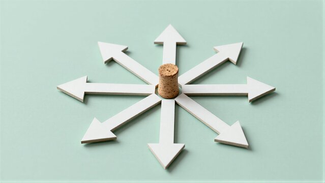 Cork stoppers arrows pointing outward, symbolizing choices or directions.