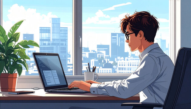 高層ビル群を望む窓辺のデスクでノートパソコンを操作する男性のアニメ風イラスト