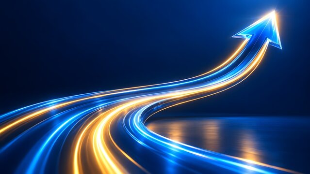 Dynamic glowing light arrow sweeping upwards representing rapid corporate acceleration and digital business growth