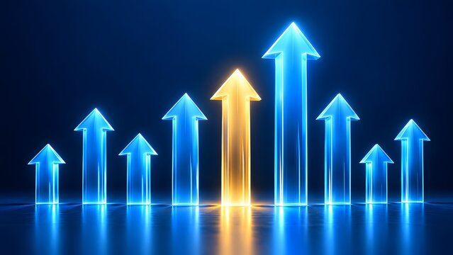 Transparent glass arrows with a prominent glowing golden leader symbolizing outstanding financial performance and competitive market advantage