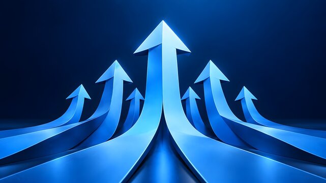 Multiple blue arrows converging upwards symbolizing corporate synergy teamwork and unified strategic business growth