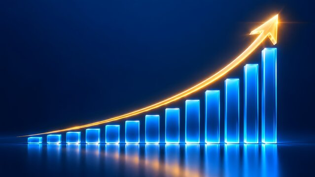 Glowing blue bar chart crossed by a dynamic golden arrow visualizing exponential financial profit and positive market analytics
