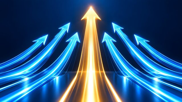 Multiple glowing light arrows converging toward a central golden peak representing ultimate market dominance and competitive industry leadership