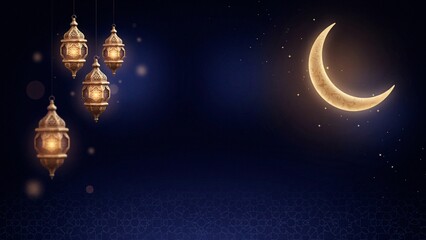 Festive Blue Background with Hanging Golden Lanterns and Crescent Moon for Eid © GraphixTreasure