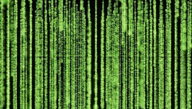 Digital rain of green binary code numbers falling in dark matrix background animation.