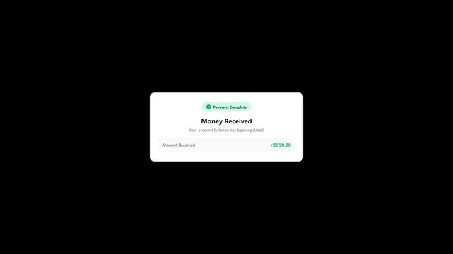 Animated money received payment complete notification on transparent background