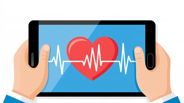 Diagnostic de consultation m&eacute;dicale : mains tenant une tablette avec graphique de pouls cardiaque, isol&eacute; sur fond blanc