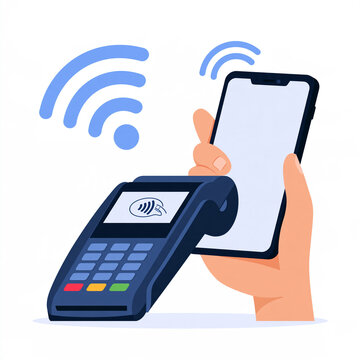 Paiement sans contact : mains tenant un smartphone sur un terminal TPE avec ondes de signal, isol&eacute; sur fond blanc