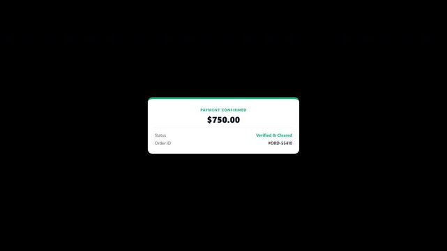 Animated payment confirmed notification card icon on transparent background