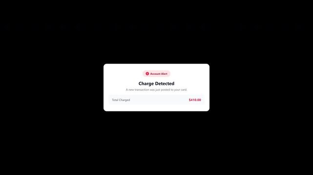Bank account alert popup showing detected card charge on transparent background