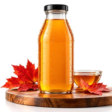 Natural Maple Syrup in Glass Bottle with Fresh Maple Leaves and Serving Glass
