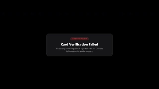 Card verification failed transaction rejected pop up alert on transparent background