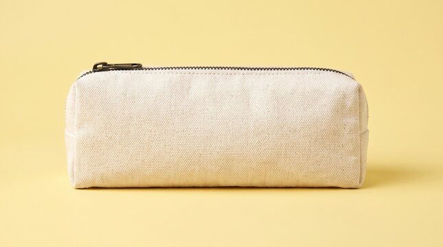 Simple blank cream cotton canvas zipper pencil case pouch for school and office stationery on soft yellow background