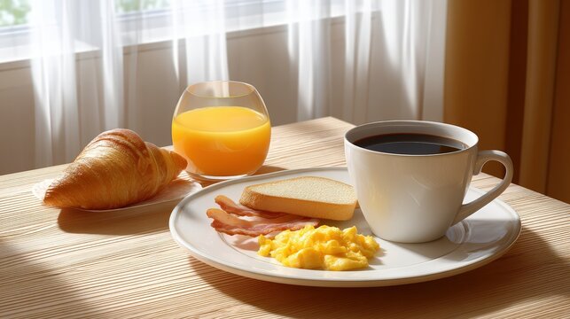 Cozy morning breakfast with scrambled eggs bacon toast coffee and croissant