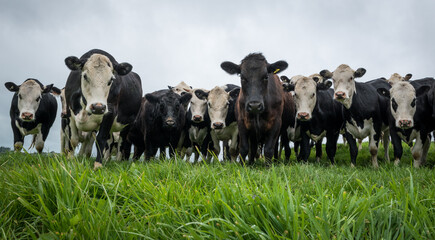 Mob of white face and dairy cross beef cattle yearlings in lush green grass pasture © Nathan McClunie