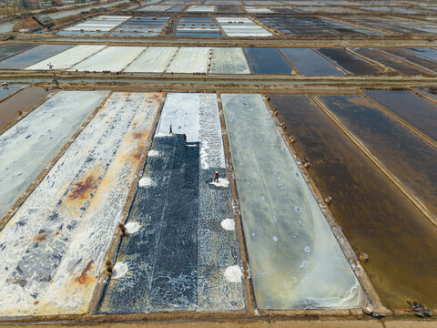 Aerial view of salt ponds with workers collecting salt in rectangular basins, showcasing the textured surface of the salt flats in Kedung, Central Java, Indonesia.