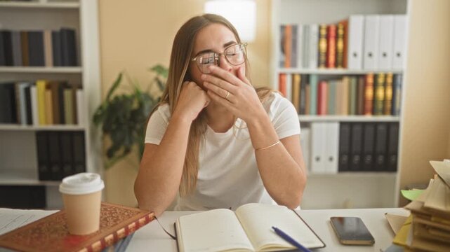 Woman drinking coffee from a paper cup while studying with open book and pen, hand to mouth in a home study room; concentration focus.