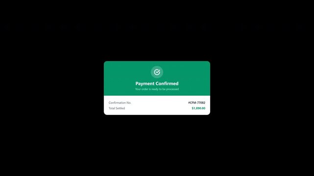 Digital payment confirmed receipt popup with transparent background overlay